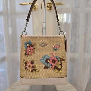 Coach Mollie Tan and Cream Floral Embroidered Bucket Bag